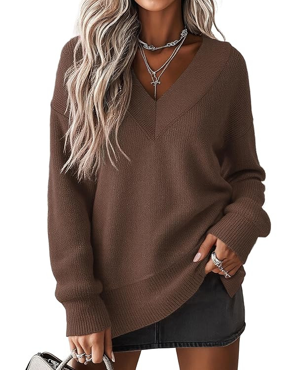 Jouica Women's Sweaters V Neck Pullover Sweater Side Slit Long Sleeve Knit Fall Tops Trendy Outfi... | Amazon (US)