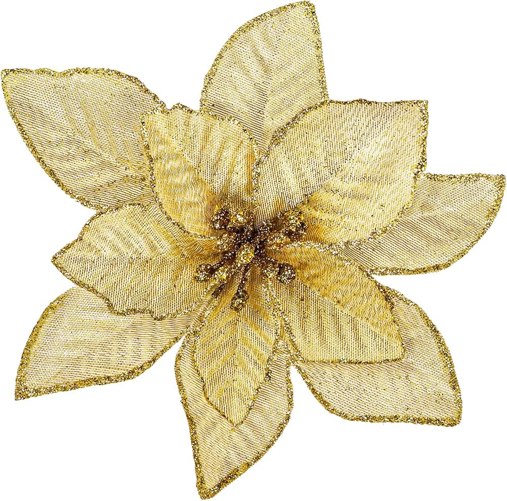 Winlyn 24 Set Christmas Glitter Gold Poinsettia Flowers Picks Christmas Tree Ornaments for Gold C... | Amazon (US)