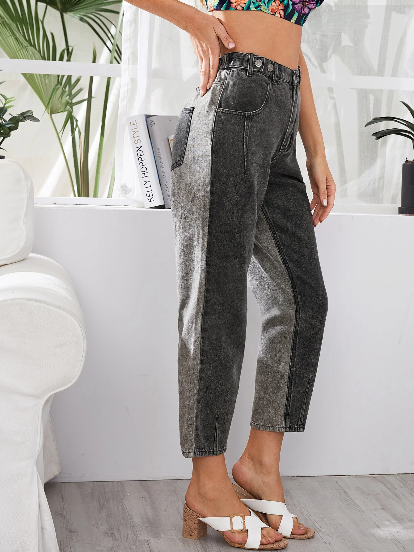 High Waisted Patch Pocket Two Tone Spliced Jeans | SHEIN