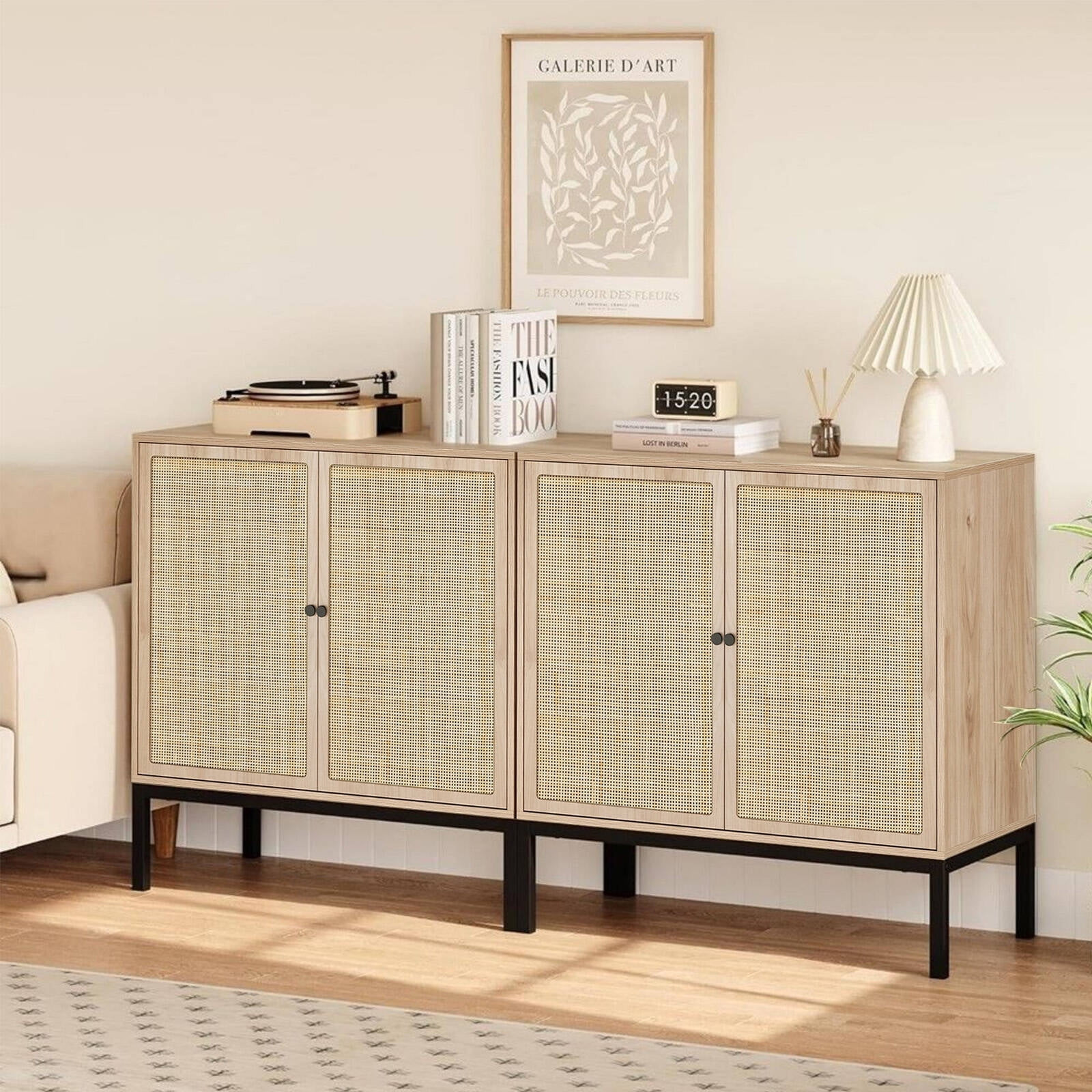 Brafabhome Boho Rattan Sideboard Storage Cabinet, 4 Doors Modern Buffet Cabinet with Storage Shel... | Walmart (US)