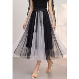 Dreamy Two-Tone Bow-Waist Mesh Tulle Maxi Skirt in White for Sunset Dinner Dates & Coastal Walks | Chicwish