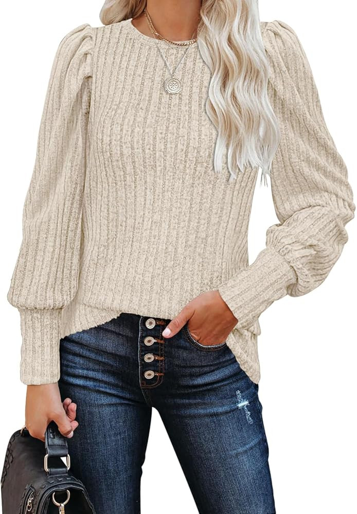 MIHOLL Women's Puff Long Sleeve Shirts Casual Knit Blouses Crew Neck Elegant Tunic Tops | Amazon (US)