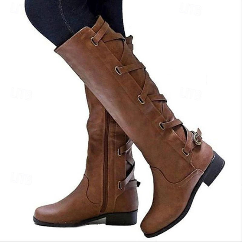 Women's Black Motorcycle Boots with Side Lace-Up and Buckle Detail - Stylish High Knee Riding Boo... | Lightinthebox
