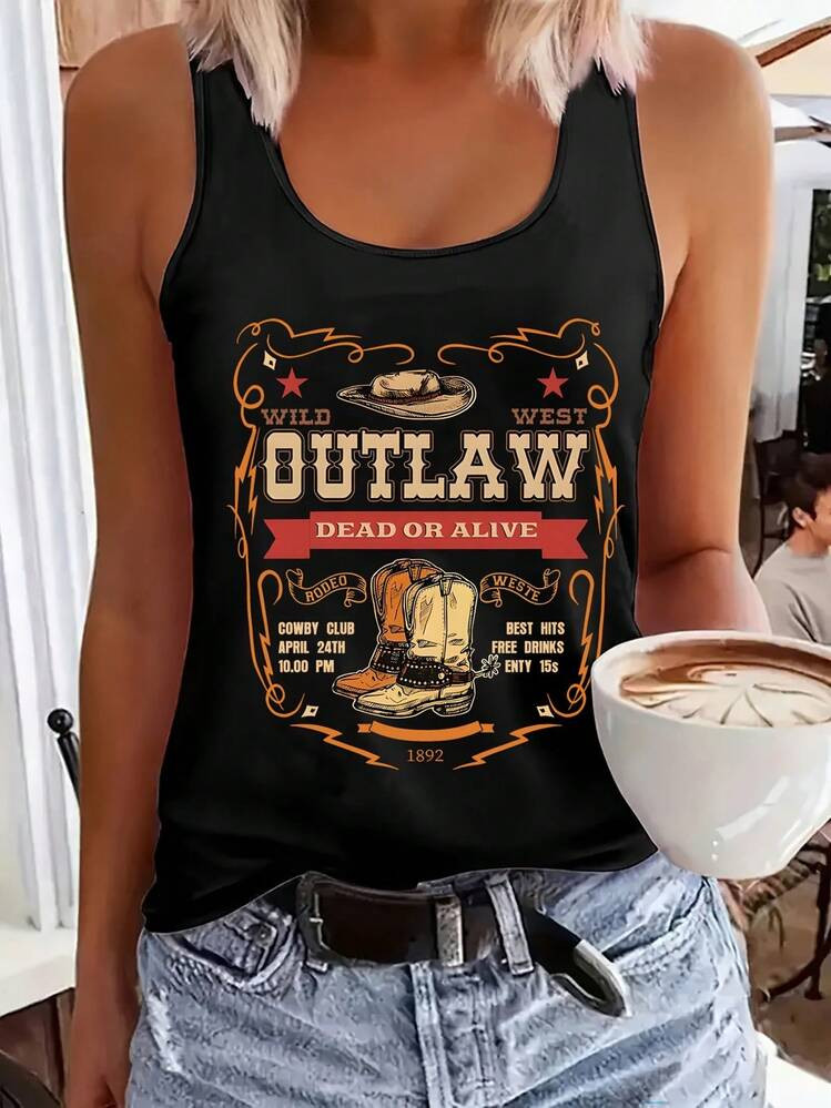 Een Tanktop Voor Dames Met Een 'Wild West Cow' Design, Perfect Voor Een Urban Style. Deze Aantrekkelijke Streetwear Outfit Is Ideaal Voor Verschillende Evenementen En Feesten. Hij Kan In De Wasmachine Gewassen Worden En Is Ook Geschikt Voor Stomerij. Minimalist, Modern, And Made For Versatility. This Sleeveless Tank Top Is The Ultimate Building Block For Countless Outfits-Durable, Easy To Care For, And Designed To Last, It's A Smart Investment For Any Wardrobe. Grab Yours Today And Experience Effortless Style At Its Best! | SHEIN