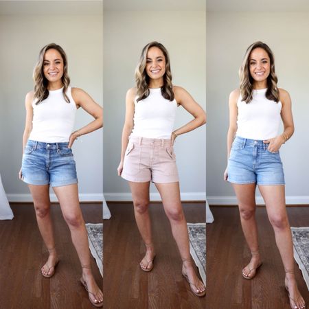 25% off shorts at American Eagle 

Shorts sizing from left 

Relaxed shorts: 00 
4” perfect shorts: 0 
Denim 4” perfect shorts: 00 
Top: petite xxs 
Sandals: size up if in between sizes 

#LTKSeasonal #LTKsalealert