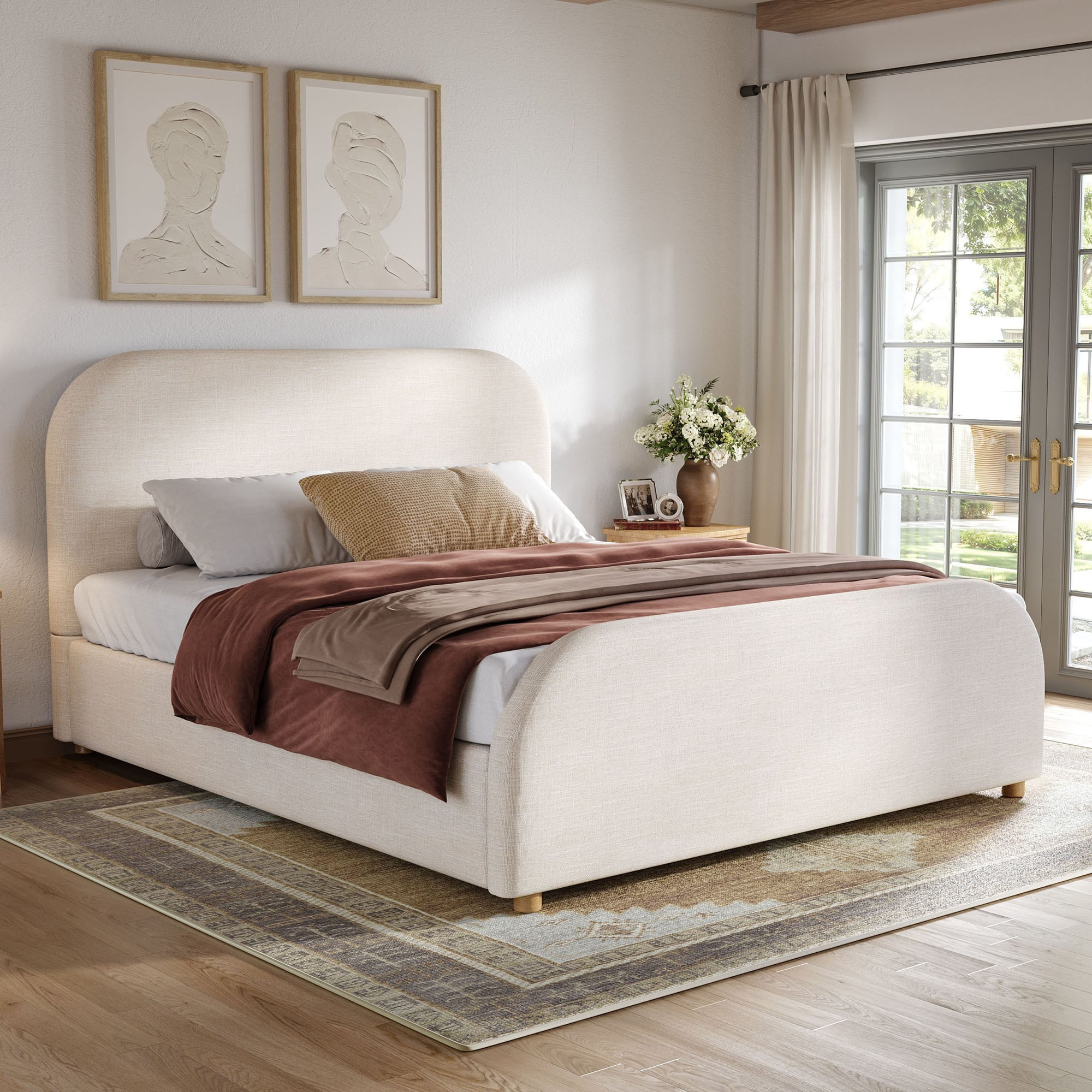 Christopher Knight Home Dresvik Modern Wood Upholstered Queen Size Platform Bed Frame with Curved Linen Upholstered Headboard and Solid Wood Legs | Lowe's