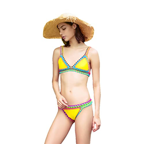 AIBEARTY Women's Hand Crochet Knitted Two Piece Bikini Swimsuit Set Sexy Bohemian Tranigle Bathing Suit Swimwear Yellow | Amazon (US)