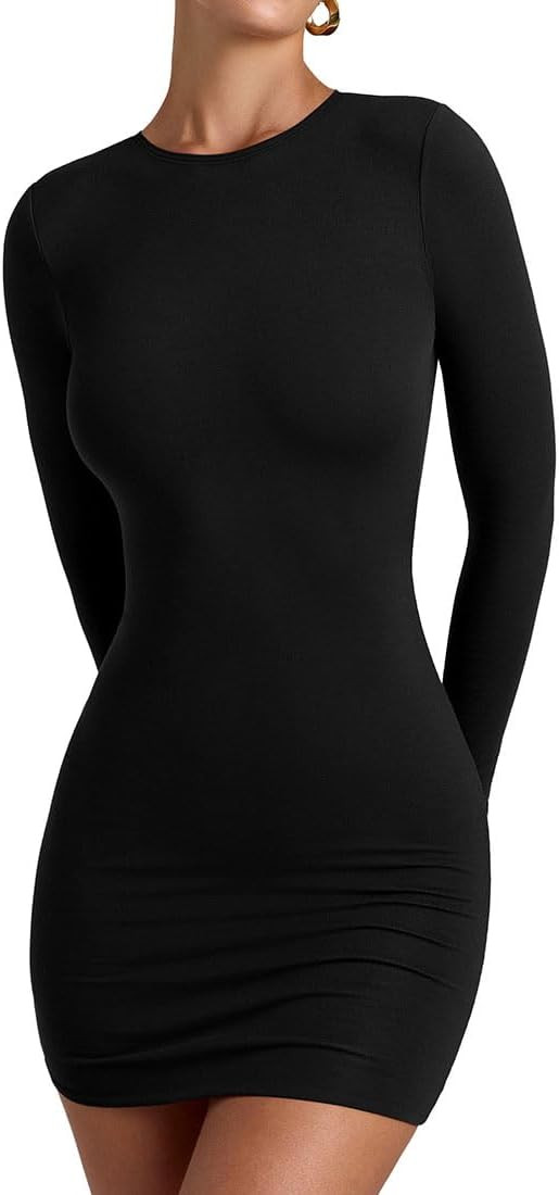 YFANG Women's Basic Round Neck Long Sleeve Bodycon Dress Sexy Slim Fitted Going Out Stretchy Mini... | Amazon (US)