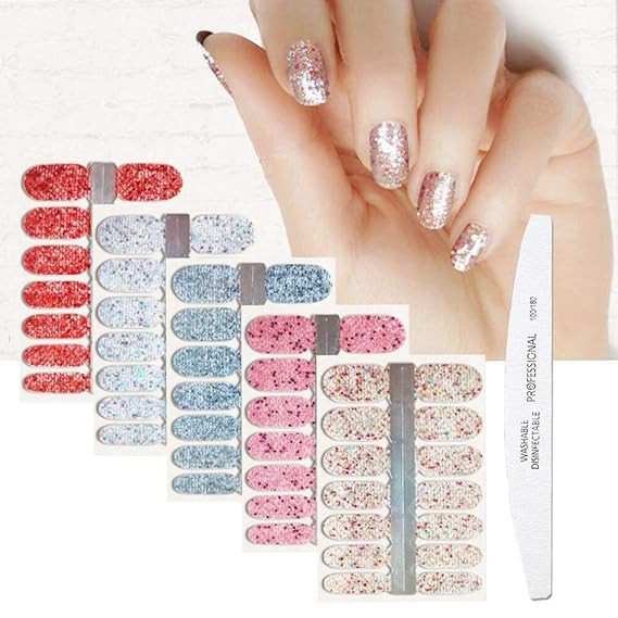 BornBeauty 5pcs Glitter Nail Wraps Polish Decal Strips With 1Pcs Nail File Adhesive Shine Nail Ar... | Amazon (US)