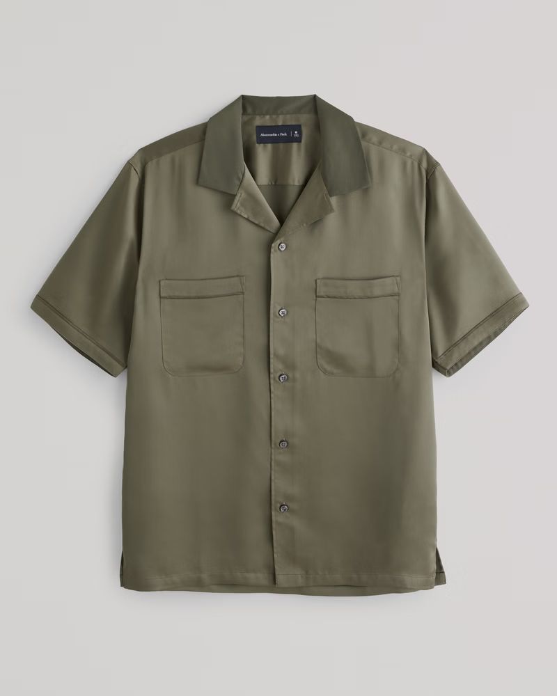 Abercrombie & Fitch Men's Camp Collar Silky Button-Up Shirt in Dark Green - Size M | Abercrombie & Fitch (US)