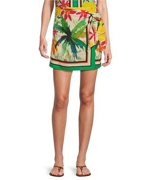Delaney Tropical Printed Linen Wrap Front Coordinating Skirt | Dillard's