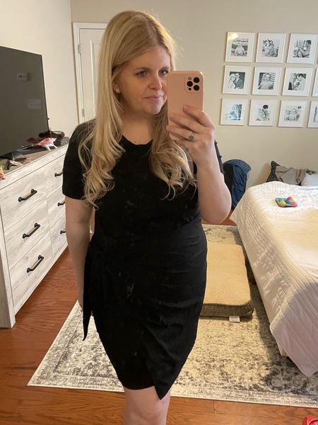 Three weeks postpartum. Huge fan of this dress. The side tie and ruching is super flattering if you are still recovering from birth. Not nursing friendly but super flattering. 

#LTKBump #LTKMidsize #LTKWorkwear