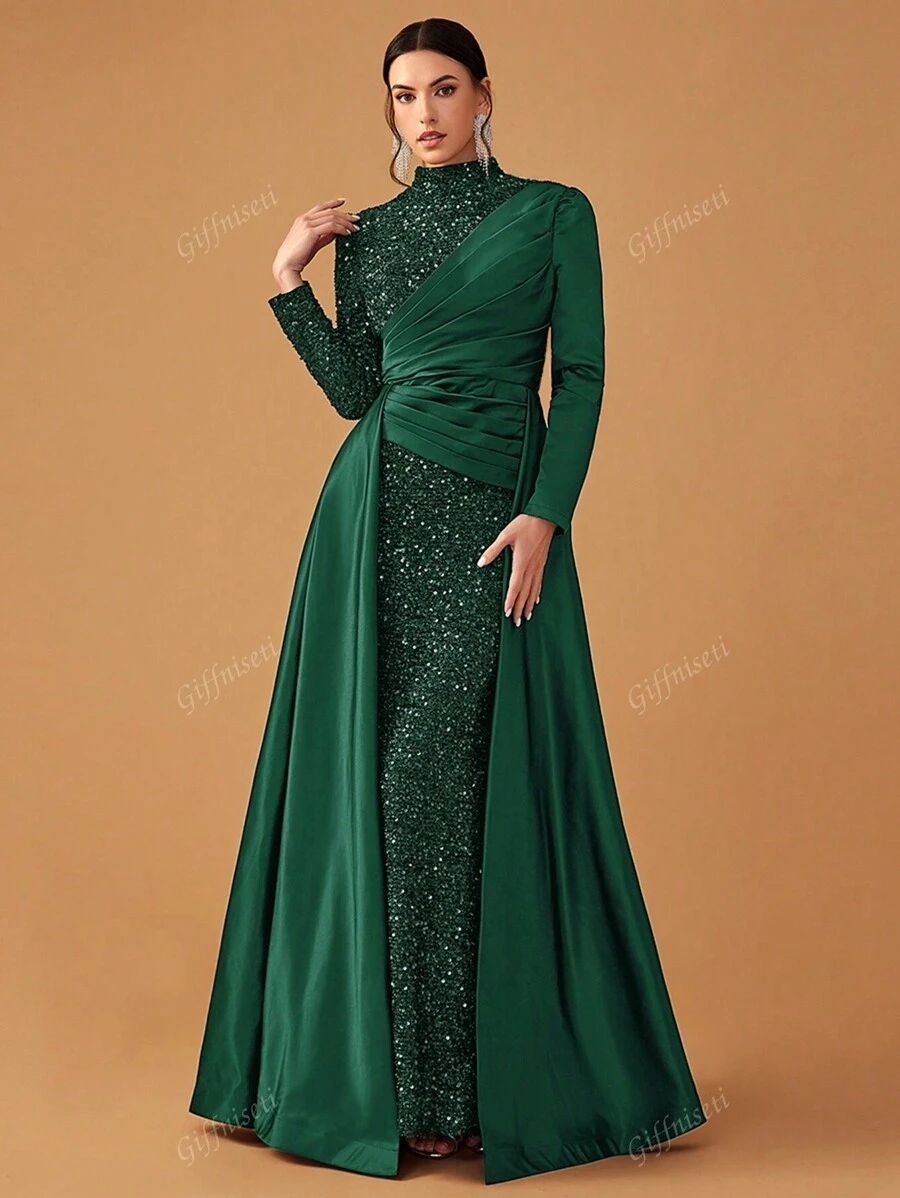 Giffniseti Women's Formal Evening Gown - Elegant Sequin & Satin Trim High Neck Long Sleeve Dress | SHEIN