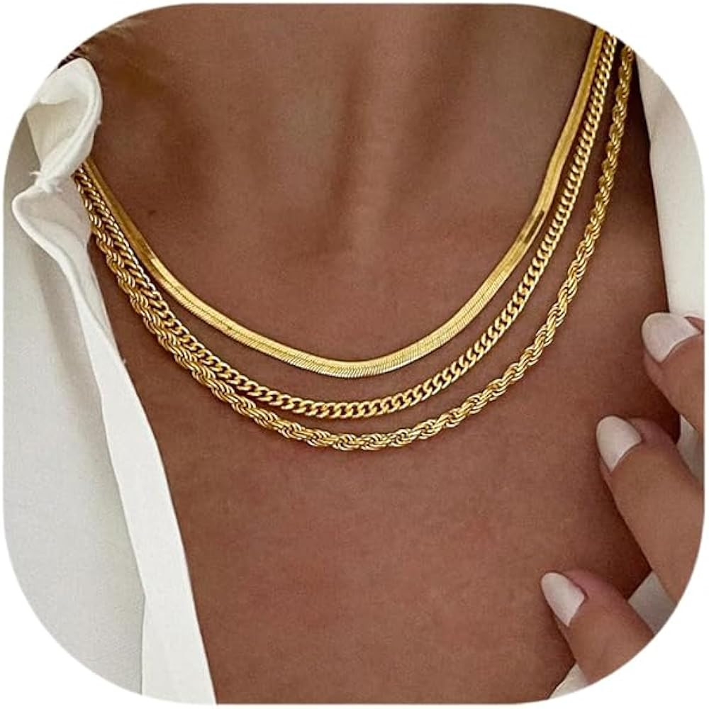 Gold Layered Necklaces for Women, 14K Gold Plated Dainty Gold Chain Choker Necklace Stack, Herrin... | Amazon (US)