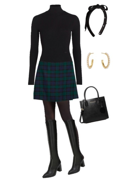Preppy winter outfit 
Workwear 
Office outfit 
Black watch plaid skirt 
Black turtleneck
Black tights 
Black boots 
Bow headband 

#LTKFindsUnder50 #LTKSeasonal #LTKFindsUnder100