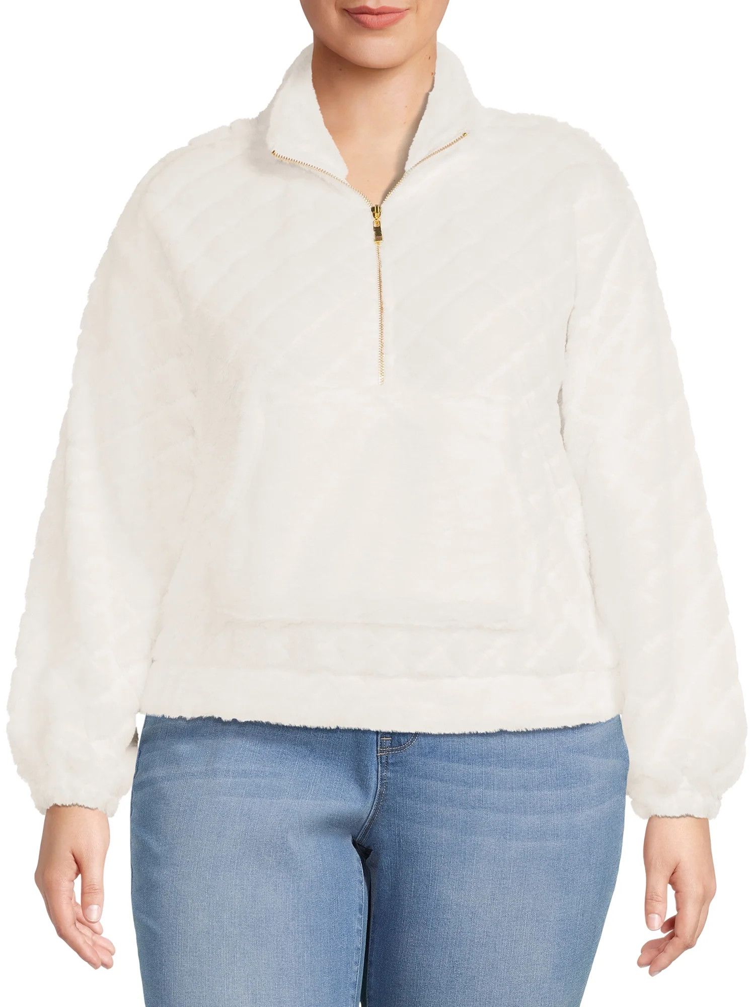 No Boundaries Juniors' Plus Size Quilted Faux Fur Pullover | Walmart (US)