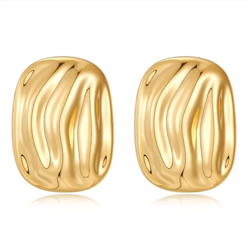 Chunky Gold Earrings Hammered Geometric Stud Earrings Wavy Statement Drop Earrings Trendy Jewelry... | Amazon (US)