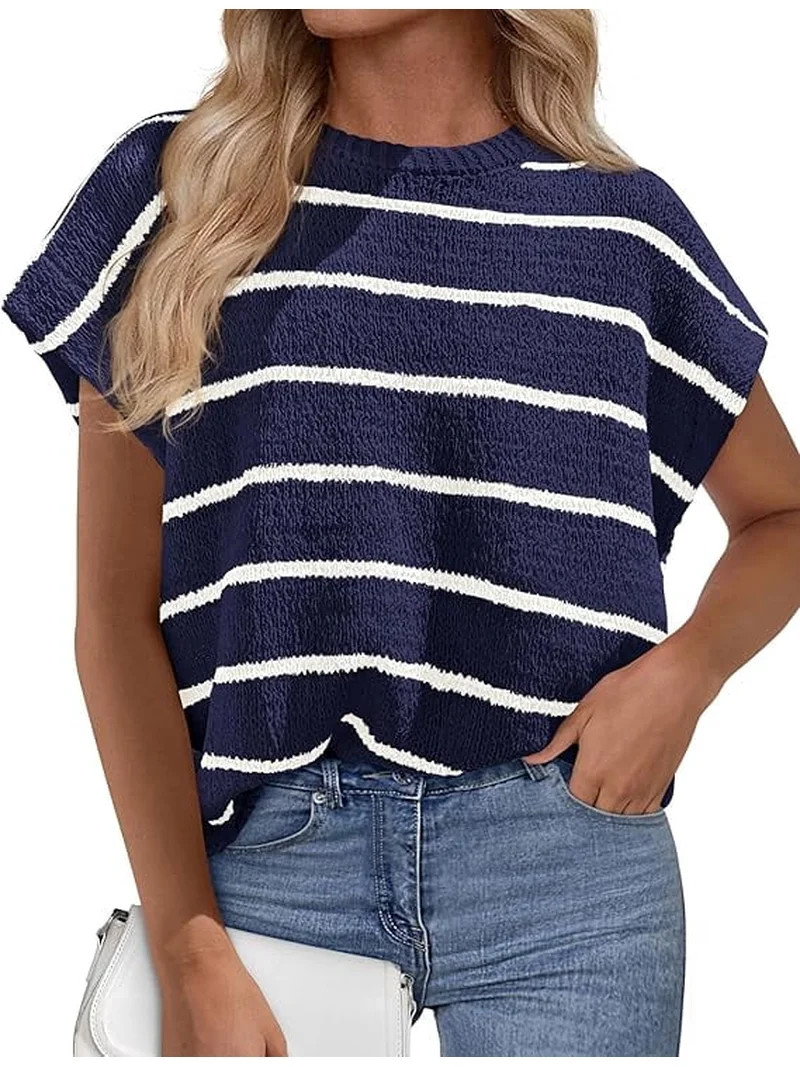 PRETTYGARDEN Womens Summer Short Sleeve Tops Trendy Crew Neck Striped Knit Sweater Business Casua... | Walmart (US)