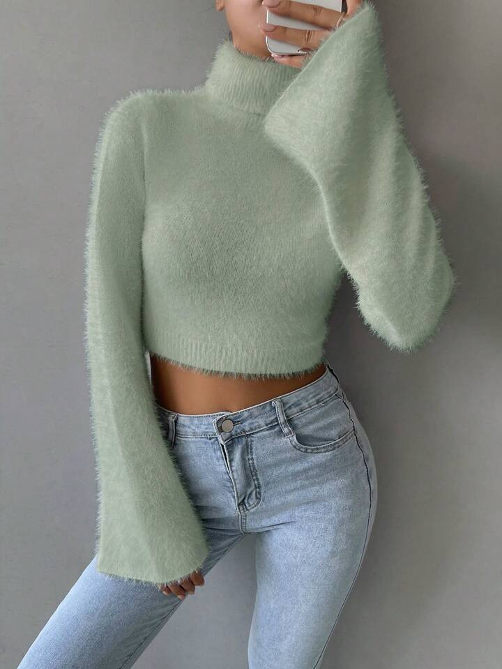 Turtleneck Fluffy Knit Crop Sweater | SHEIN
