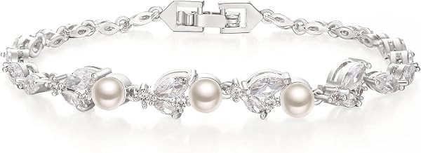 Crysdue Simulated Pearl CZ Wedding Leaf Tennis Bracelet for Women Bride | Amazon (US)