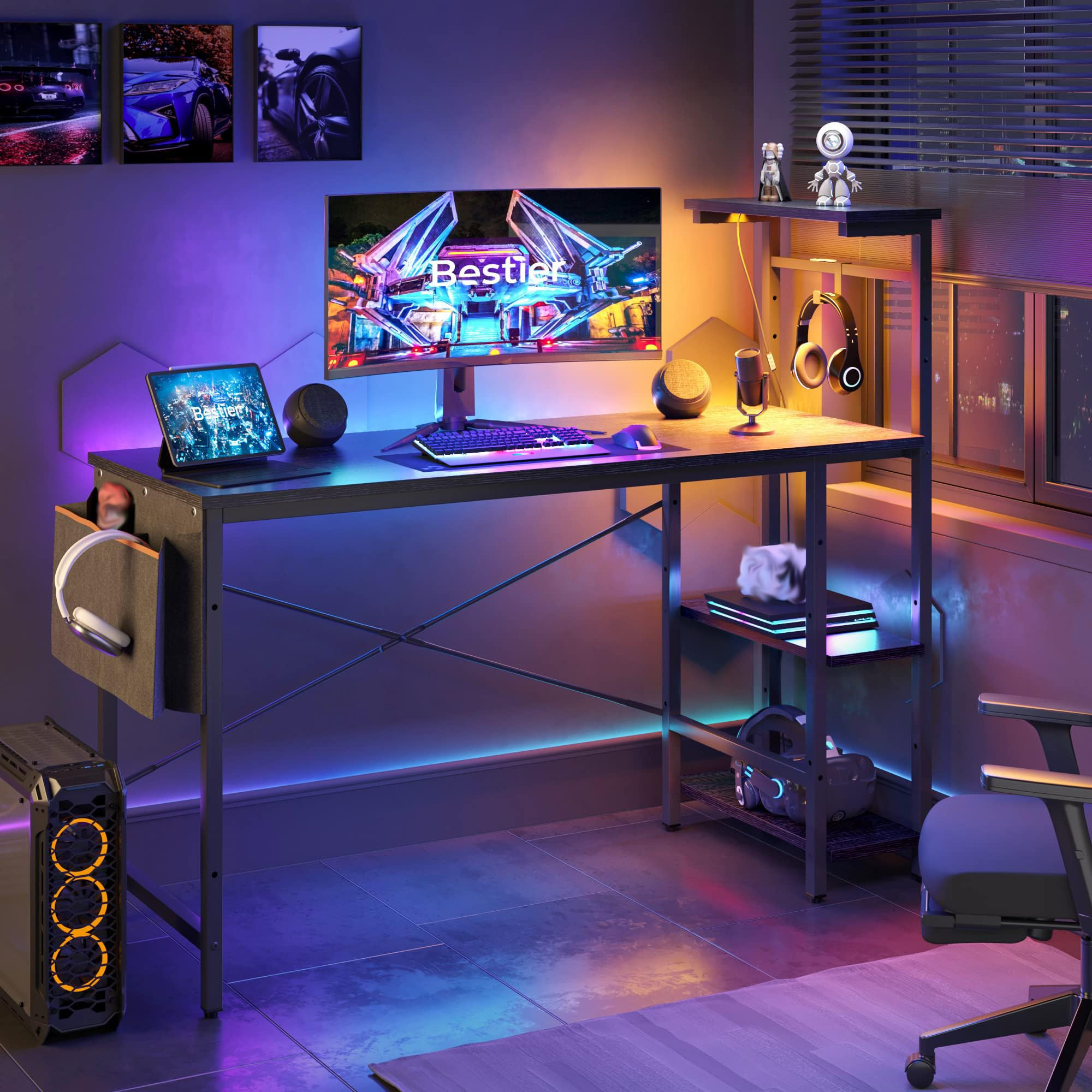 Bestier Gaming Desk with LED Lights, 51.3 Inch Computer Desk with 4 Tiers Reversible Shelves, Hom... | Amazon (US)