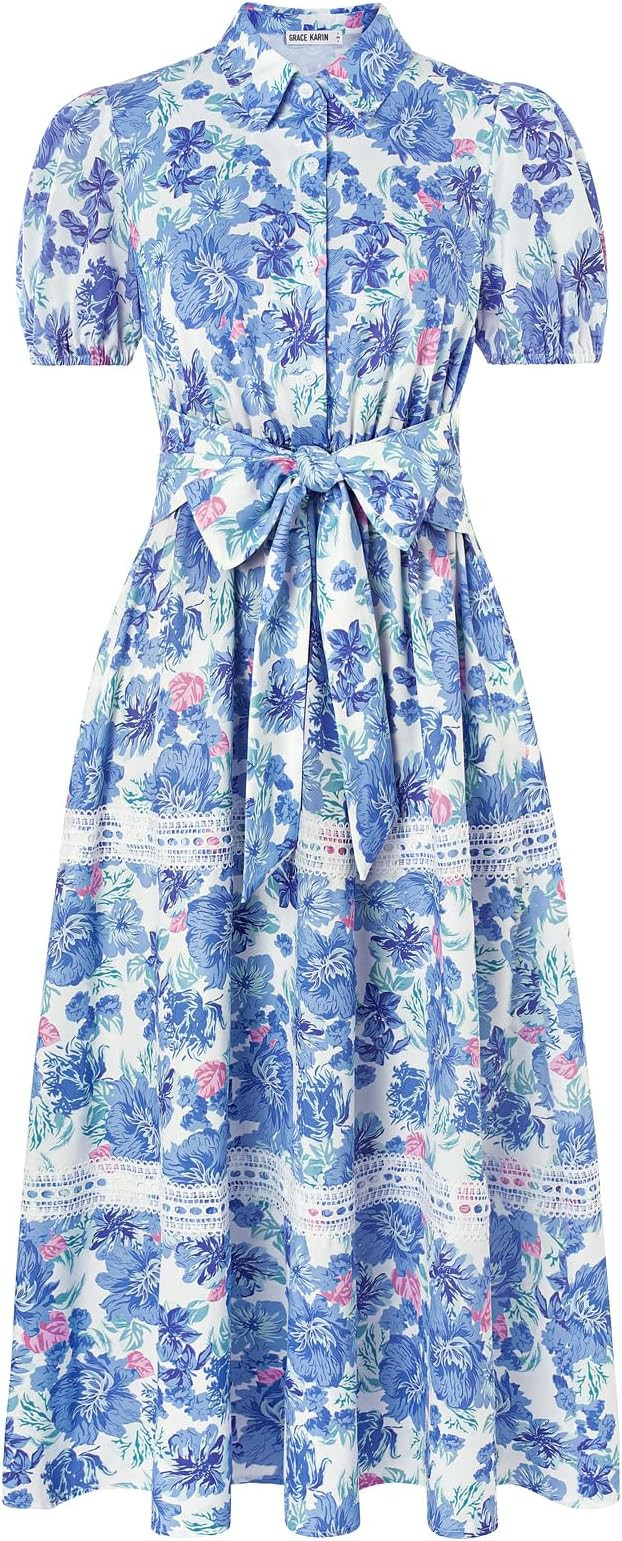 GRACE KARIN Women's 2026 Summer Floral Flowy Dresses Boho Tie Belt Short Puff Sleeve A Line Maxi ... | Amazon (US)