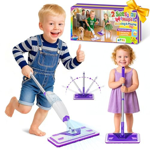 ILAVCLEAN 2 Set Toy Mop for Kids - Toddler Real Spray Flat Floor Mop Montessori Cleaning Toy Set, Educational and Fun Gifts for Boys and Girls Ages 4+ | Amazon (US)