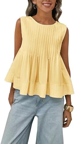 Womens Summer Pleated Peplum Sleeveless Blouse Tank Tops Round Neck Y2K Babydoll Blouse Shirt | Amazon (US)