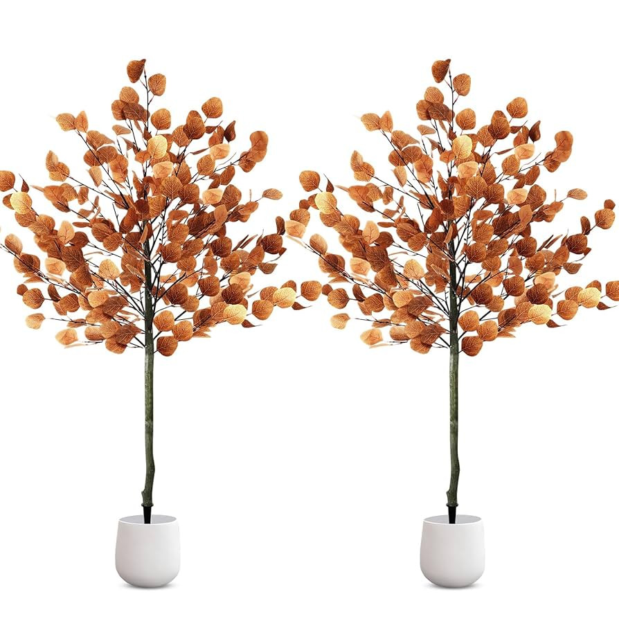 2 Pack Fall Artificial Eucalyptus Tree, 4ft Faux Tree with Spike Thanksgiving Realistic Autumn Le... | Amazon (US)