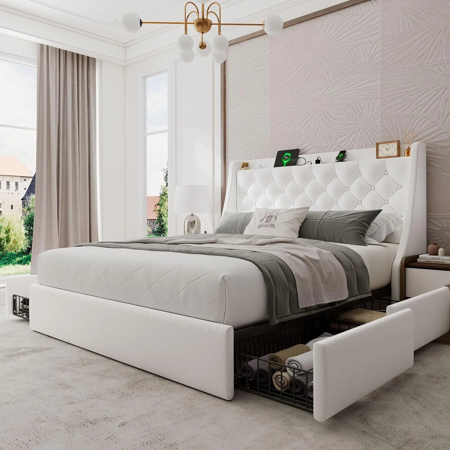 Honfach Queen Bed Frame with 4 Storage Drawers, Upholstered Storage Bed with Charging Station, Wi... | Walmart (US)