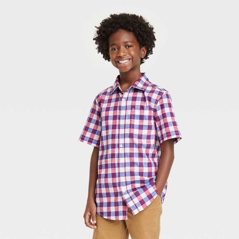 Boys' Gingham Button-Down Short Sleeve Shirt - Cat & Jack™ Red/White/Blue | Target