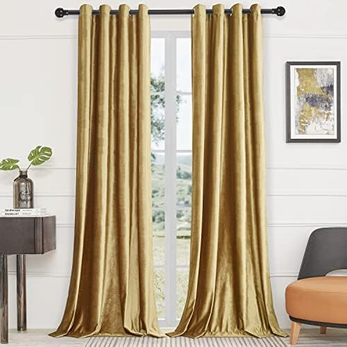 Velvet Gold Curtains 95 inch Length- Living Room Blackout Thermal Window Drapes Darkening Decor G... | Amazon (US)