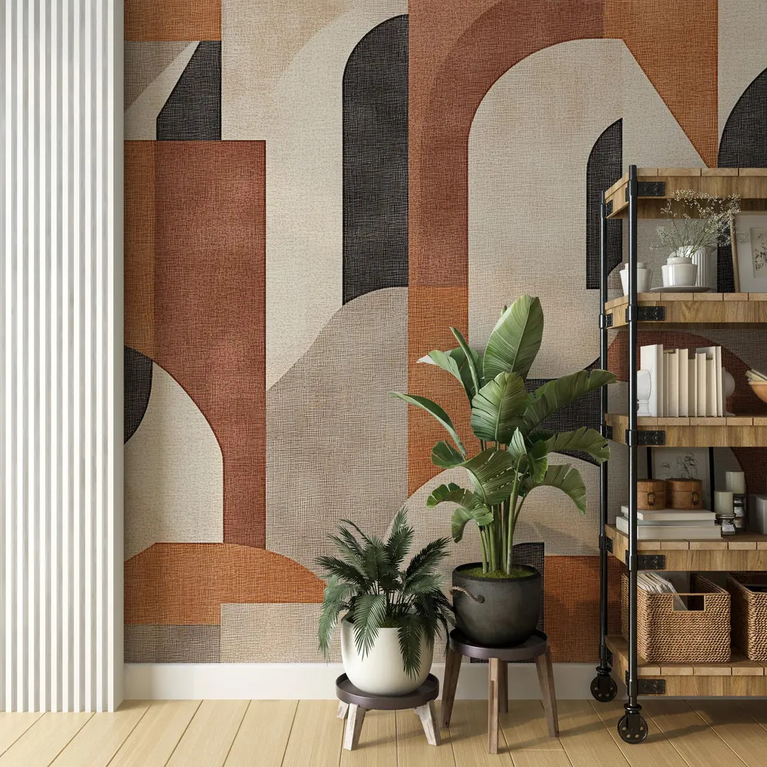 Retro Warm Tone Wallpaper, Geometric Shapes Peel and Stick Wall Mural, Boho Beige and Brown Wall ... | Etsy (US)
