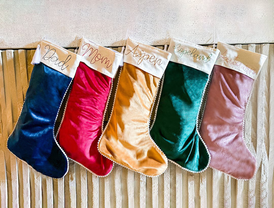 Velvet Pom Pom Edge Tassel Monogrammed Christmas Stockings - Etsy | Etsy (US)