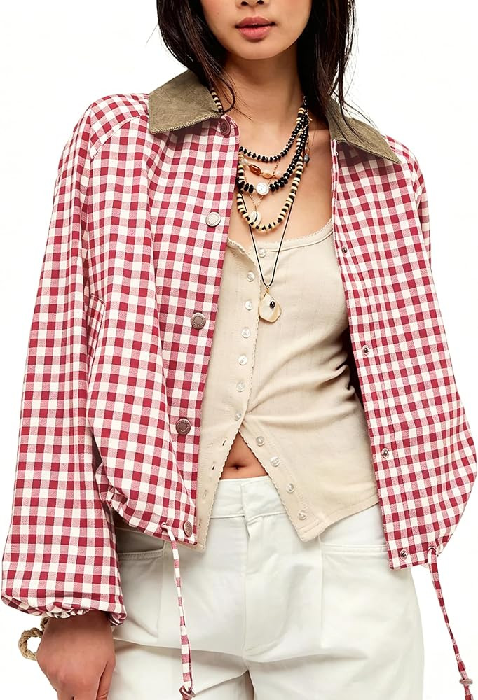 Jackets for Women Plaid Cropped Jacket Gingham Bomber Jacket Casual Lightweight Spring Fall Outer... | Amazon (US)