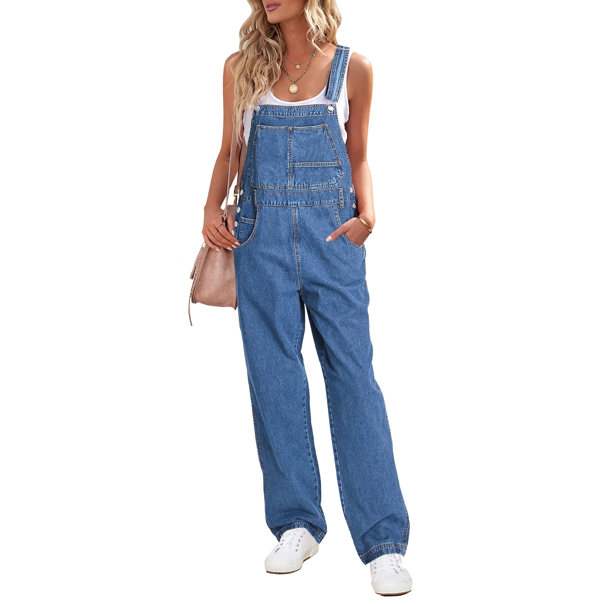 luvamia Women's Casual Loose Denim Bib Overalls Straight Leg Stretchy Jean Pants Jumpsuits Quiet ... | Walmart (US)