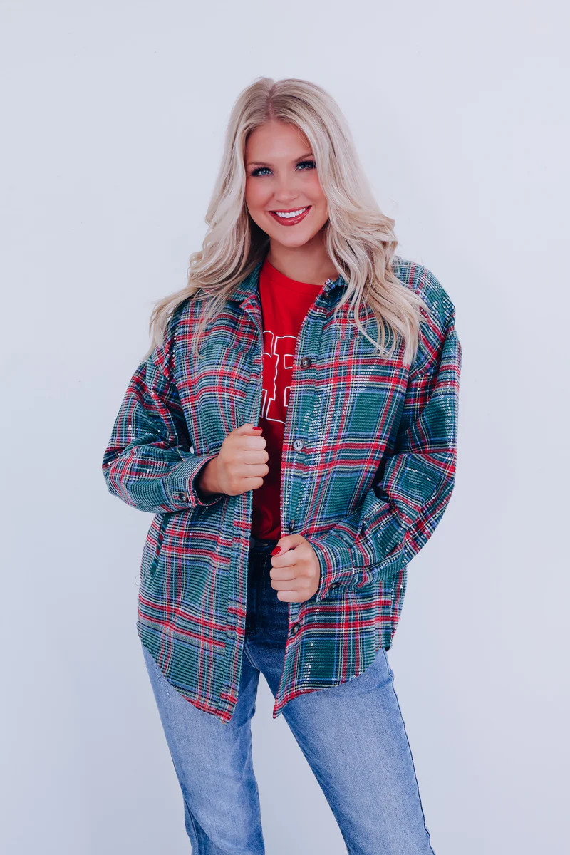 Charismatic Plaid Sequin Shacket - Green/Multi | Whiskey Darling Boutique