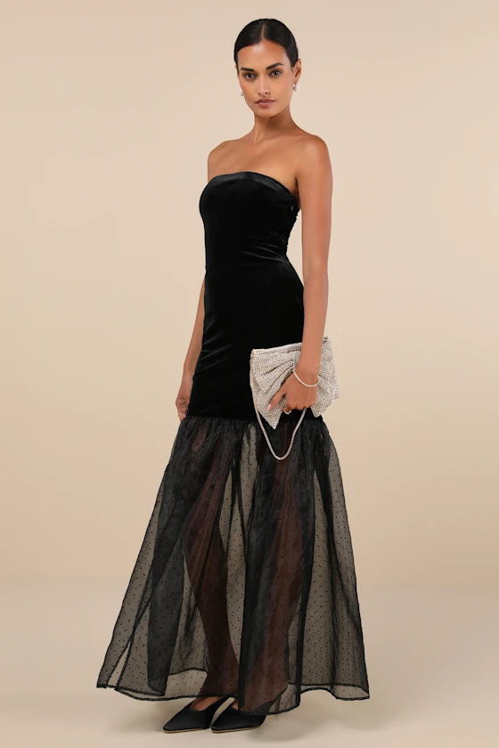 Esteemed Glamour Black Velvet Strapless Trumpet Hem Maxi Dress | Lulus