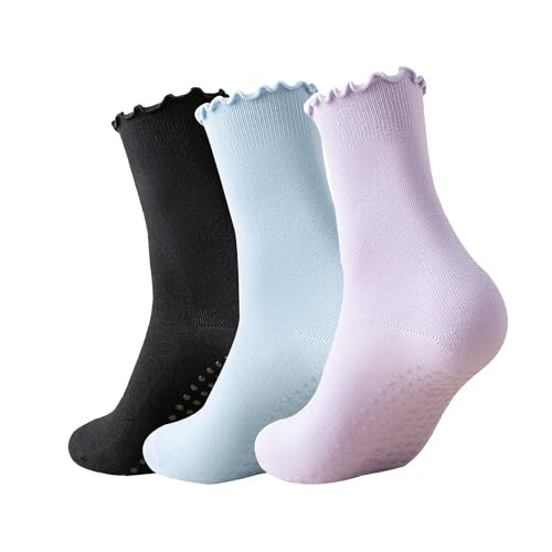 3 Pairs Pilates Socks with Grips Non-slip Ruffle Yoga Socks Grip Socks for Women | Amazon (US)