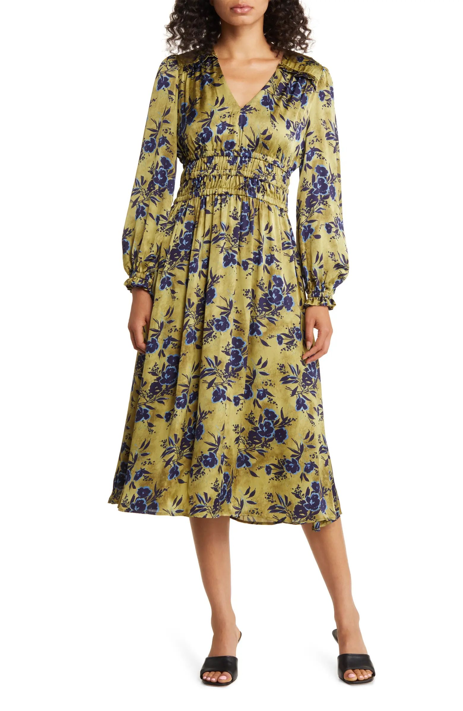 Floral Print Long Sleeve Shirred Midi Dress | Nordstrom