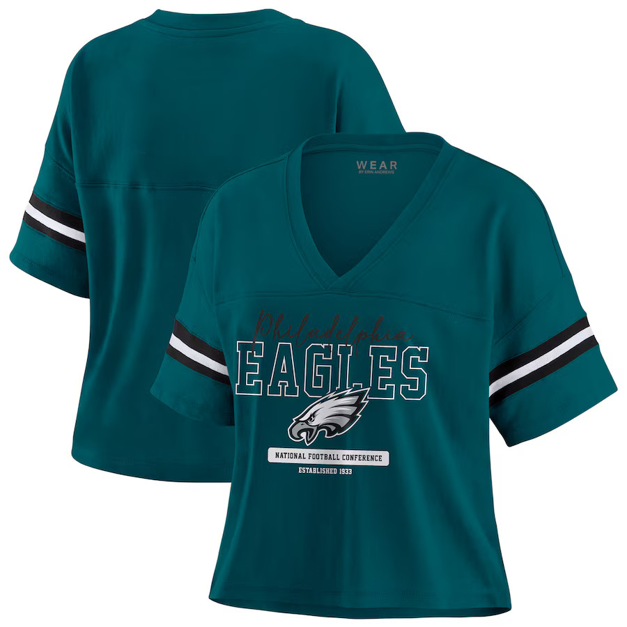 Women's Philadelphia Eagles WEAR by Erin Andrews Midnight Green Color Block Boxy Modest Crop V-Ne... | NFL Shop