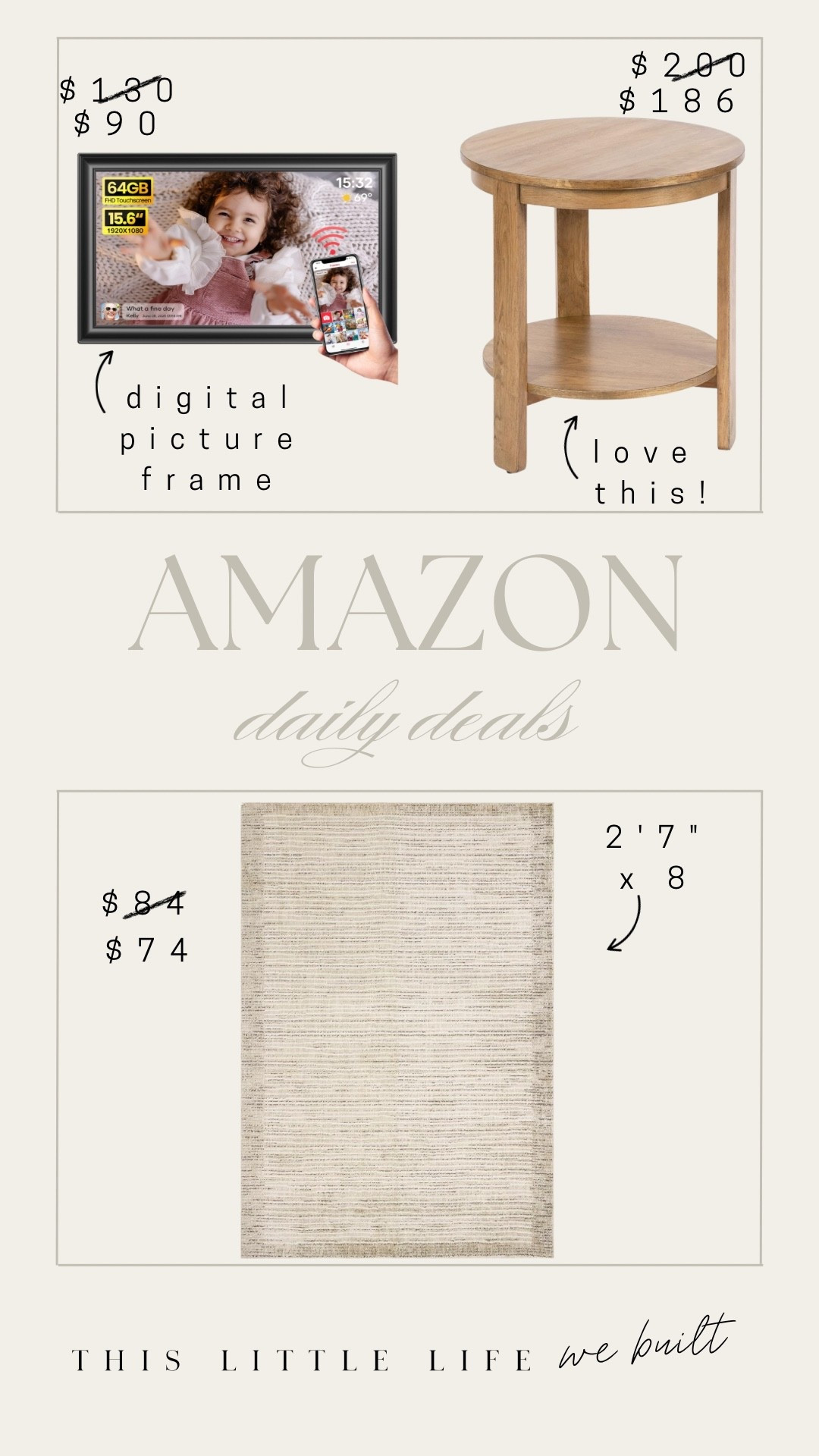 Amazon daily deals! 


Side table, rug, digital picture frame, gift idea, Amazon home, affordable home 

#LTKHoliday #LTKSaleAlert #LTKHome