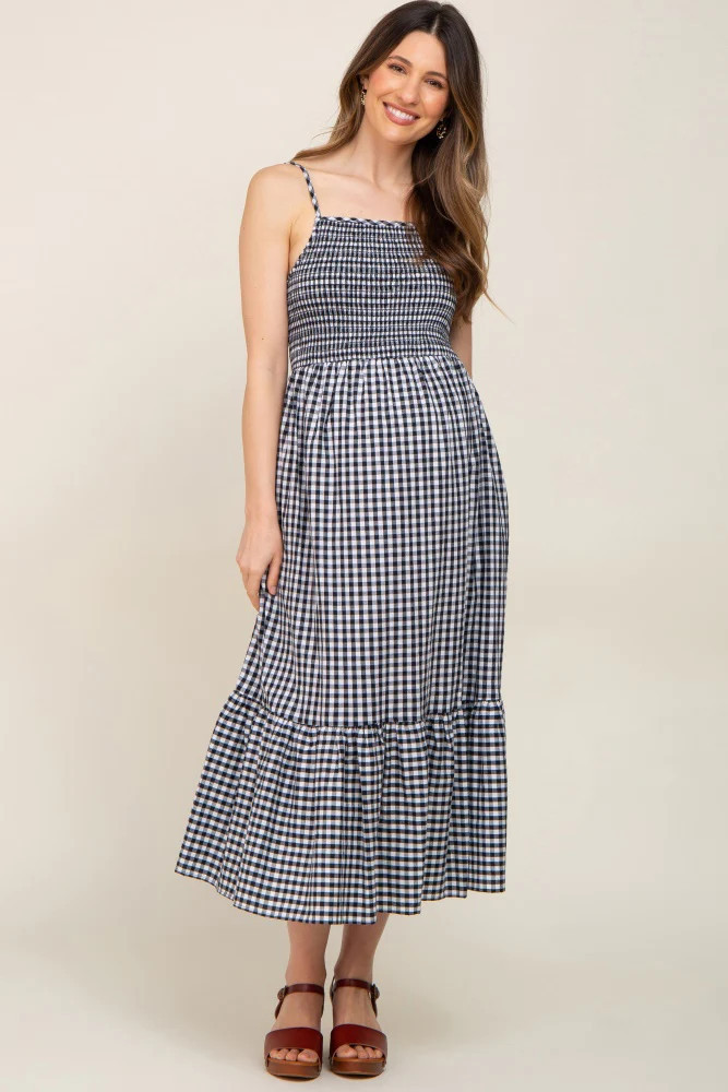 Black Gingham Smocked Maternity Midi Dress | PinkBlush Maternity