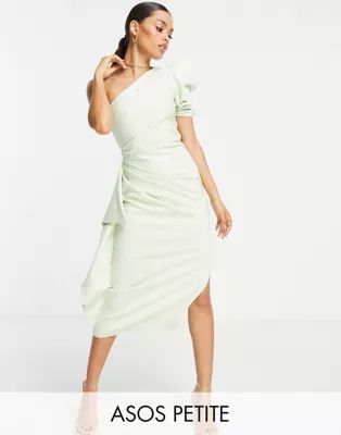 ASOS DESIGN Petite one shoulder puff sleeve ruffle midi dress in lime | ASOS (Global)