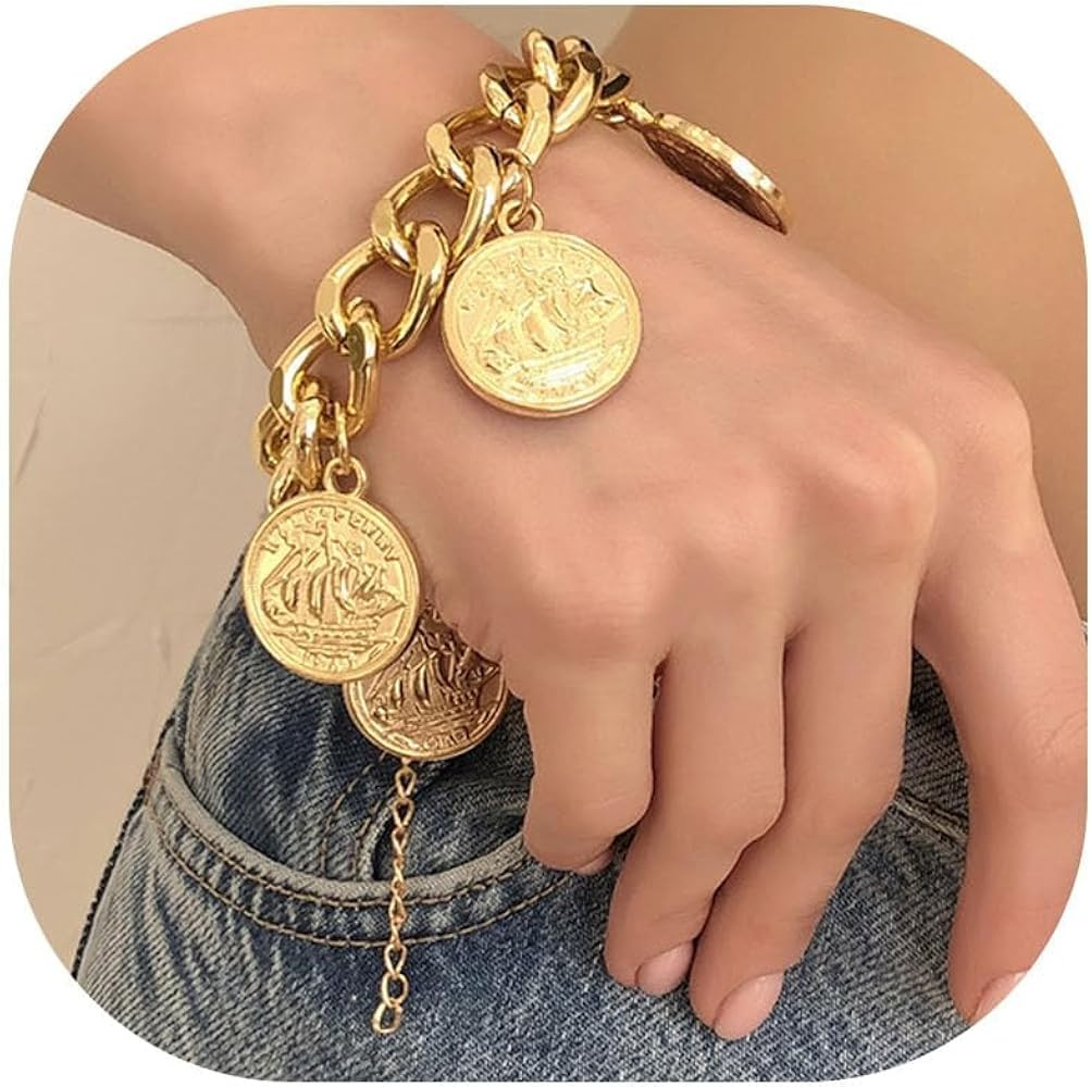 Chunky Gold Charm Bracelet Coin Bracelets for Women Link Chain Dainty Bracelets Trendy Jewelry Gi... | Amazon (US)