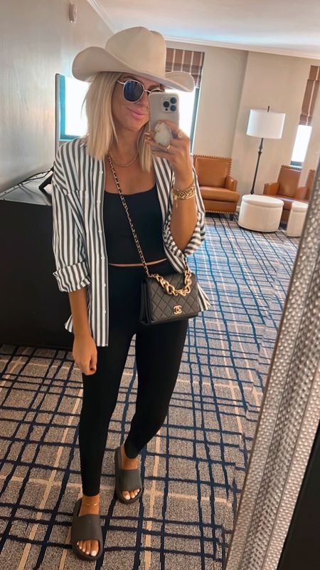 Travel outfit, little casual little country 
Amazon leggings - M
Amazon cropped tank - M
Amazon slides TTS and so comfy 
Amazon striped button down - M

#LTKstyletip #LTKfindsunder50 #LTKSeasonal