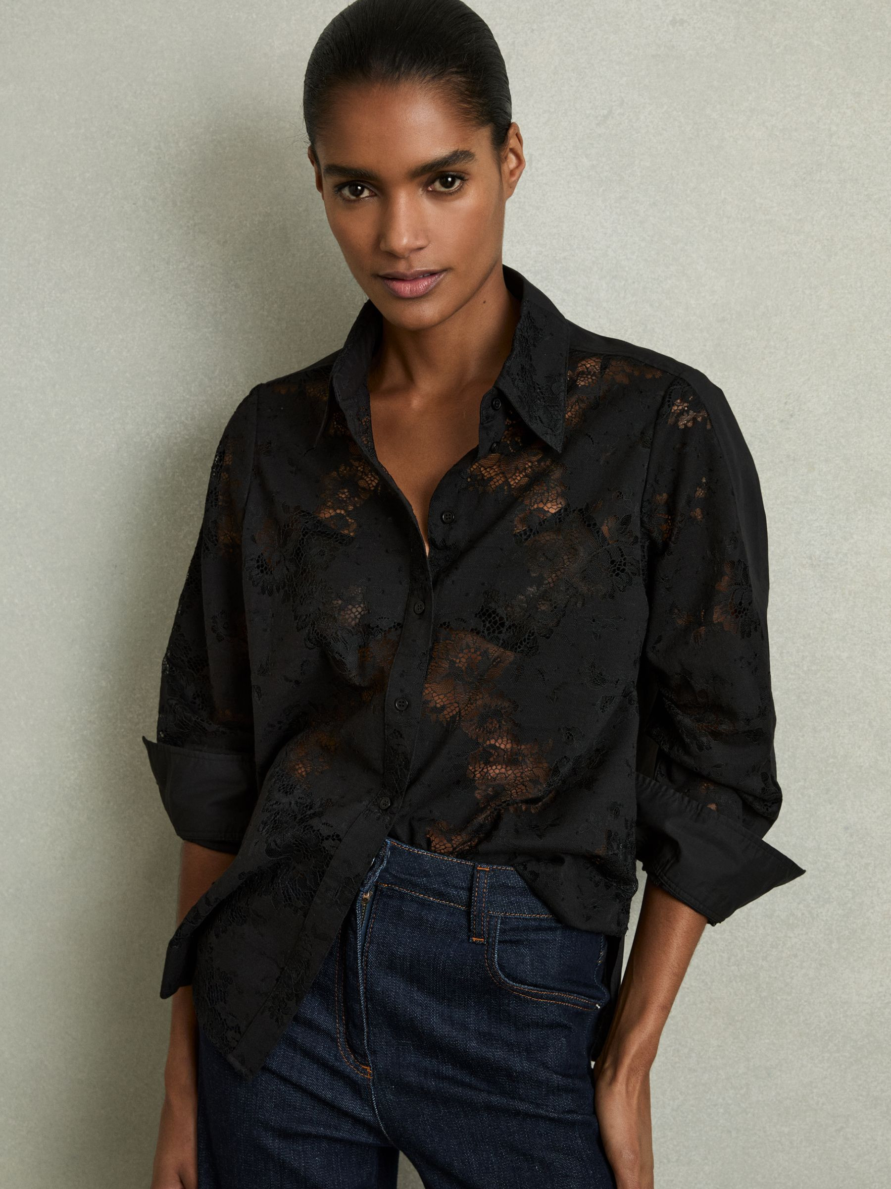 Lace-Front Shirt With Cotton in Black | Reiss UK
