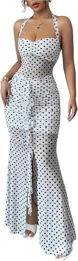 SOLY HUX Women's Polka Dots Mesh Bodycon Maxi Dress Halter Tie Back Split Fishtail Party Prom Dre... | Amazon (US)