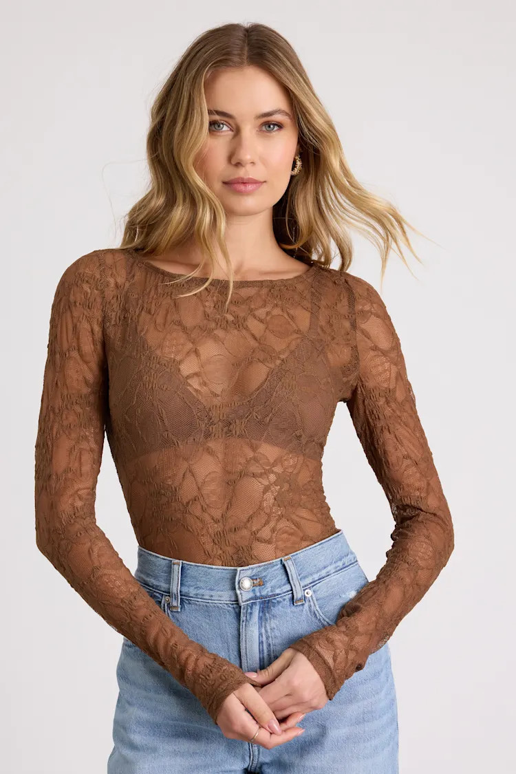 Hunter Light Brown Sheer Lace Long Sleeve Top | Lulus
