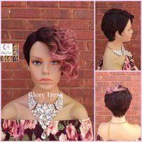 Short Razor Cut Full Wig, Pixie Hairstyle With Long Side Bangs, Ombre Pink Glory Tress, Lace Part //Revive | Etsy (US)